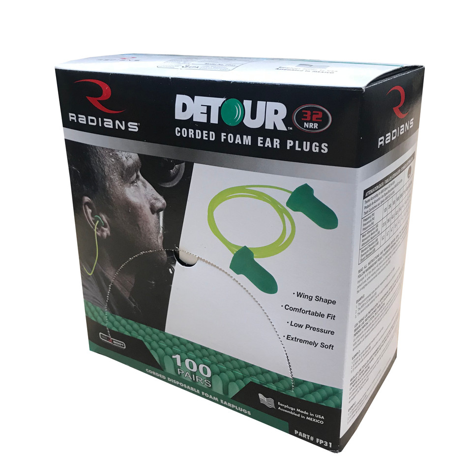 Radians Detour FP31 - Corded 32 NRR Disposable Foam Earplugs | Wing Shape | Green | Case of 10 Boxes of 100 Pairs in Each Box