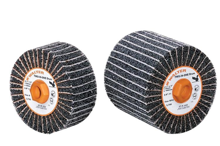 Walter Surface Technologies 07K442 TWO-IN-ONE Flap Drum | 5/8" - 11 Arbor Hole | 4-1/2" Diameter | 3800 Max. RPM | Silicon Carbide 80 Grit