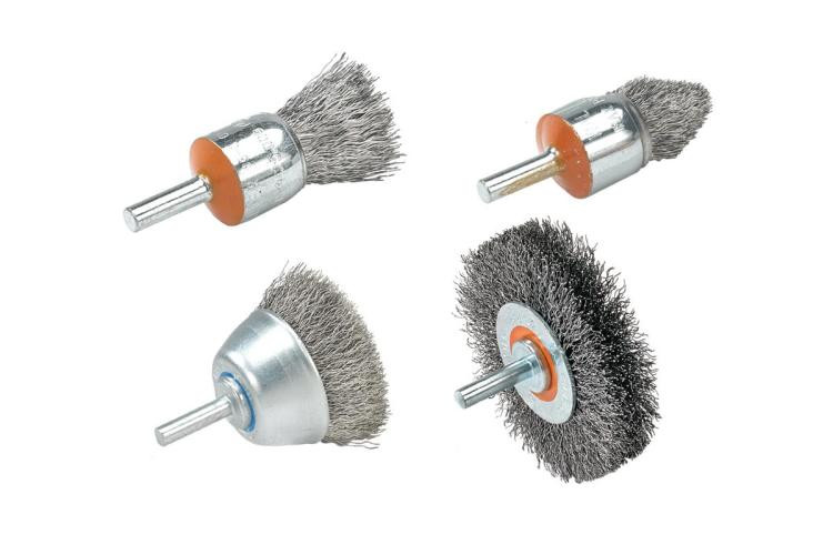 Walter Surface Technologies 13C110 Mounted Wheel Wire Brush | Crimped | 1/4" Shaft | 1-3/8" Diameter | 0.008" Wire Size | 25000 Max. RPM