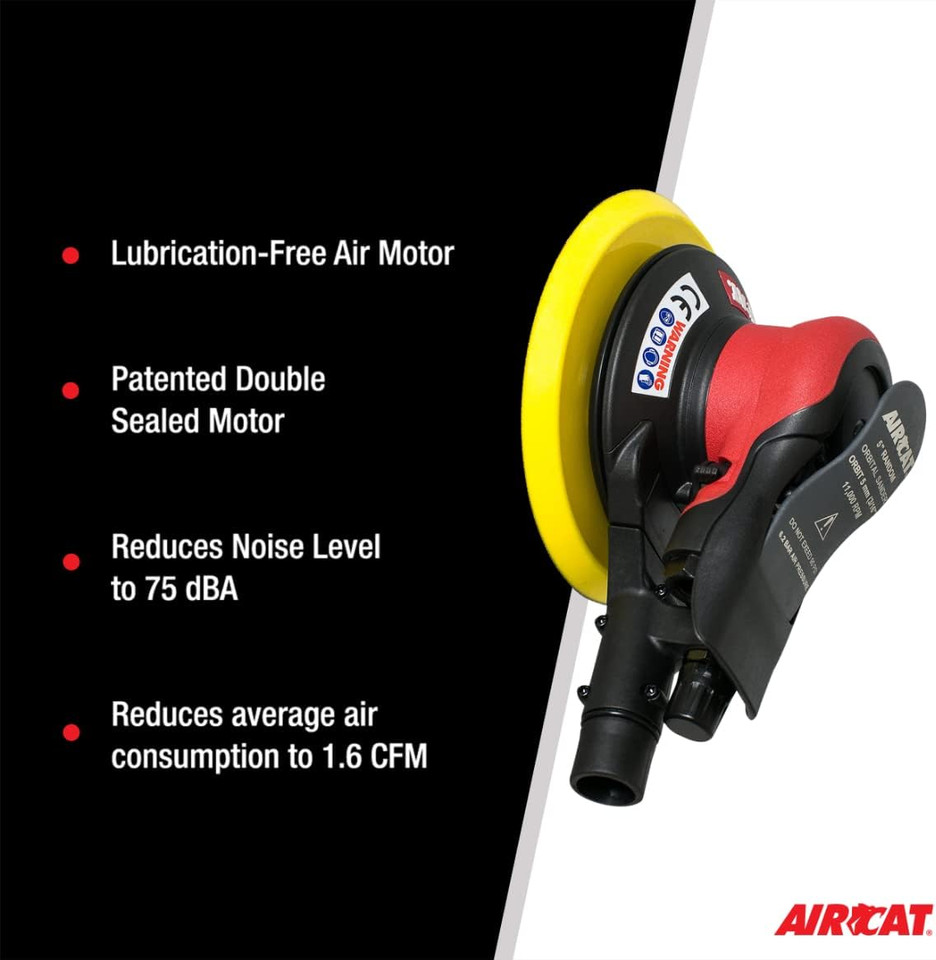 Aircat Pneumatic Tools 6700-5-336CV Central Vac Orbital Palm Sander | 5" Pad Size | 11000 RPM | 3/16" Orbit | Hook & Loop