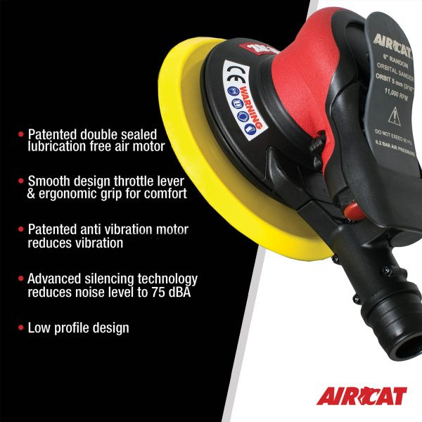 Aircat Pneumatic Tools 6700-6-336SV Self Vac Orbital Palm Sander | 6" Pad Size | 11000 RPM | 3/16" Orbit | Hook & Loop