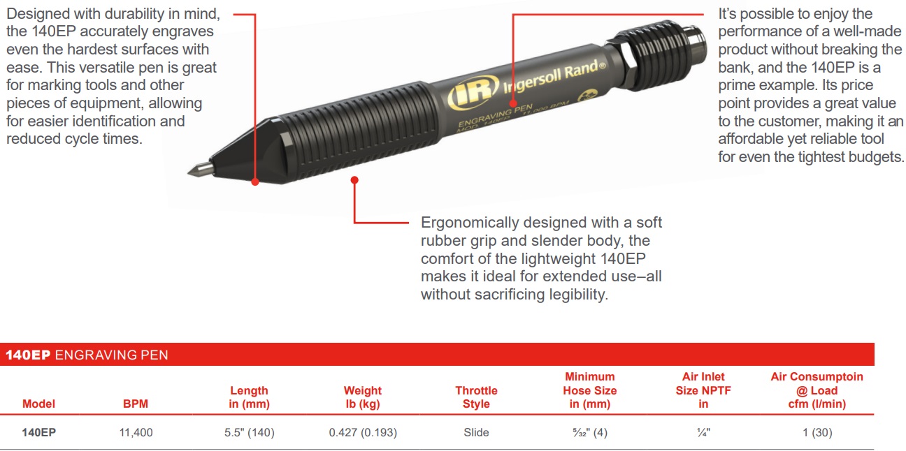 Ingersoll Rand EP50 Pneumatic Air Engraving Pen, 18,750 BPM