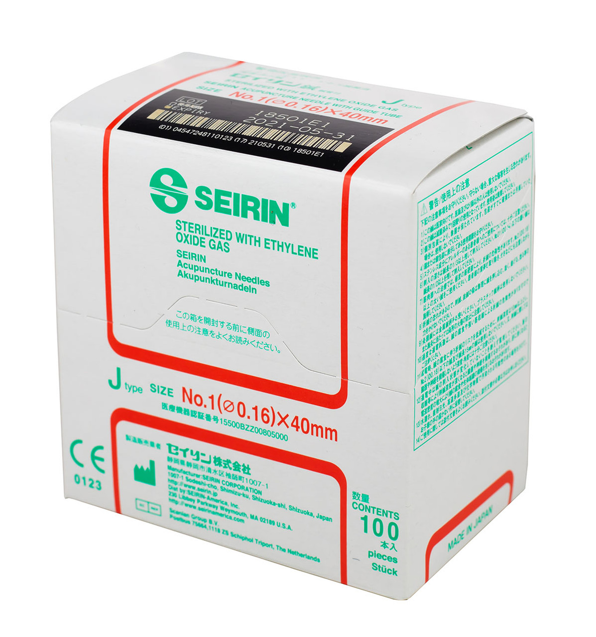 SEIRIN J-Type Acupuncture Needles, Size 1 (0.16mm) x 40mm, 100 ct.