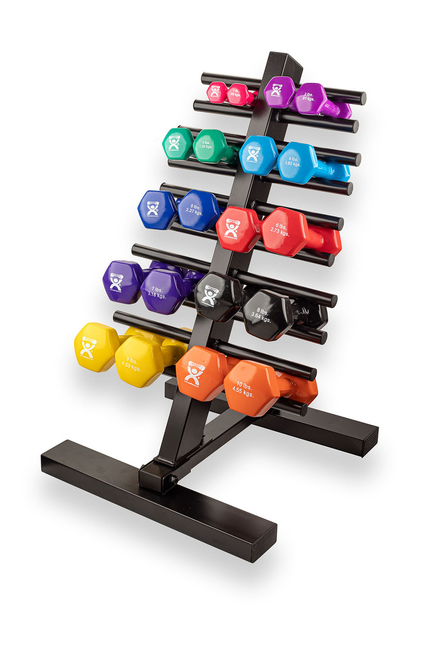 CanDo Vinyl Coated Dumbbell, 20 Piece Set & Floor Rack (2 Each: 1, 2, 3 ...