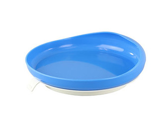 Scoop plate, unilateral high rim and reverse curve suction cup base