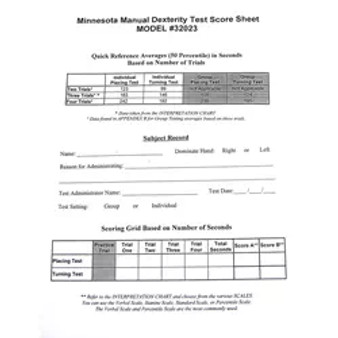 Minnesota Manual Dexterity (50 Blank Score Sheets)