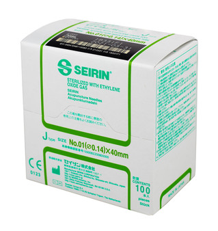 SEIRIN J-Type Acupuncture Needles, Size 0/01 (0.14mm) x 40mm, 100 ct.
