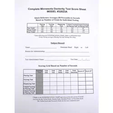 Complete Minnesota Dexterity Test (50 Score Sheets)  Complete Minnesota Dexterity Test (50 Score Sheets)