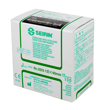 SEIRIN J-Type Acupuncture Needles, Size 00/02 (0.12mm) x 40mm, 100 ct.