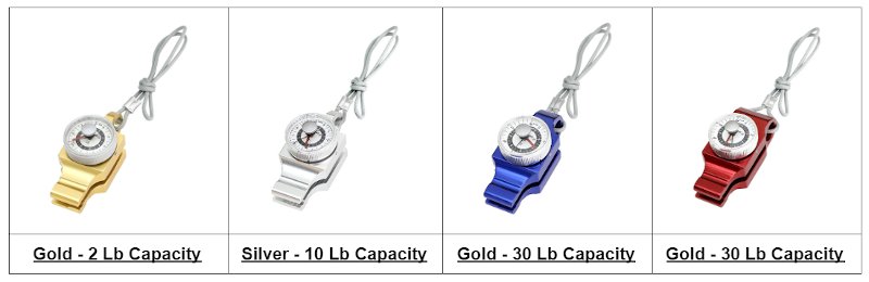 4 different mechincal pinch strength meters with weight capacities of 2, 10, 30 and 60 Lbs