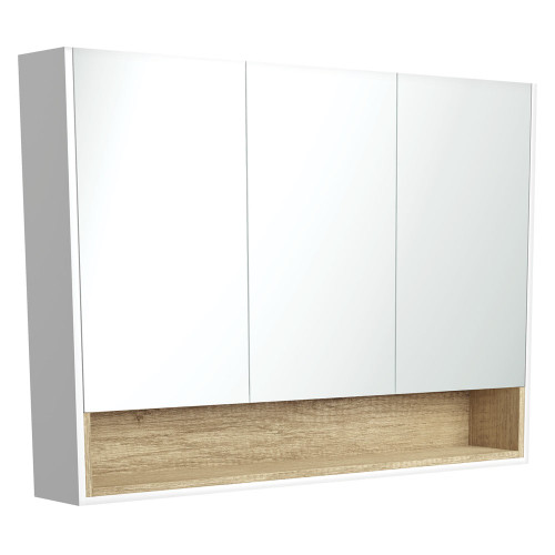 Mirror Cabinet w/Display Shelf 1200mm Satin White w/Scandi Oak Insert [191575]