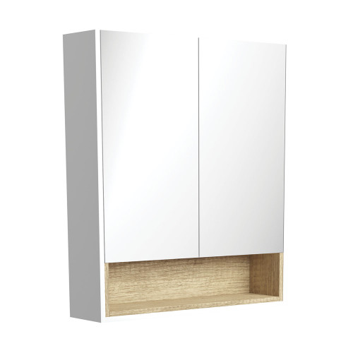 Mirror Cabinet with Display Shelf 750mm Satin White with Scandi Oak Insert [191543]