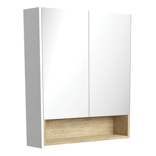 Mirror Cabinet with Display Shelf 750mm Satin White with Scandi Oak Insert [191543]
