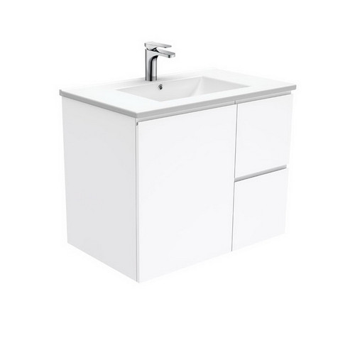 Dolce 750mm Ceramic Moulded Basin-Top + Fingerpull Gloss White Cabinet Wall Hung 1 Door 2 Left Drawer 1TH [165925]