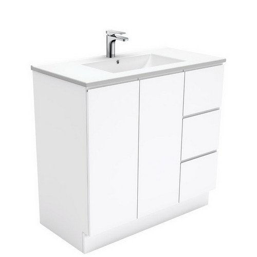 Dolce Ceramic Moulded Basin-Top + Fingerpull Gloss White Cabinet on Kick Board 2 Door 3 Right Drawer 900mm 1TH [165932]