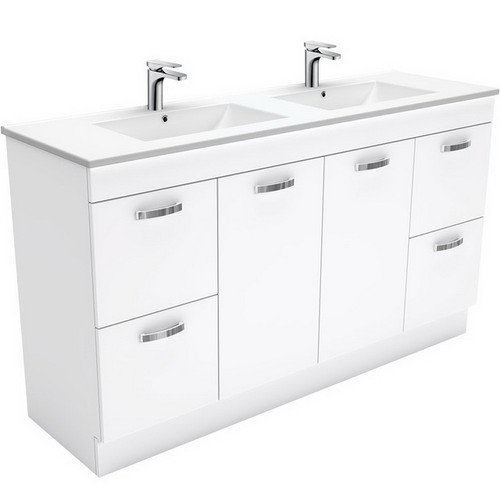 Dolce 1500mm Ceramic Moulded Basin-Top, Double Bowl + Unicab Gloss White Cabinet on Kick Board Solid/Handle White 1TH [165276]