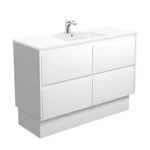 Dolce Ceramic Moulded Basin-Top + Amato Satin White Cabinet w/Solid Side Panels on Kick Board 4 Drawer 1200mm 1TH [191701]