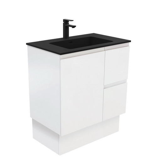 Montana 750 Solid Surface Moulded Basin-Top + Fingerpull Satin White Cabinet on Kick Board 1DR 2DRW LH 1 Tap Hole [196458]