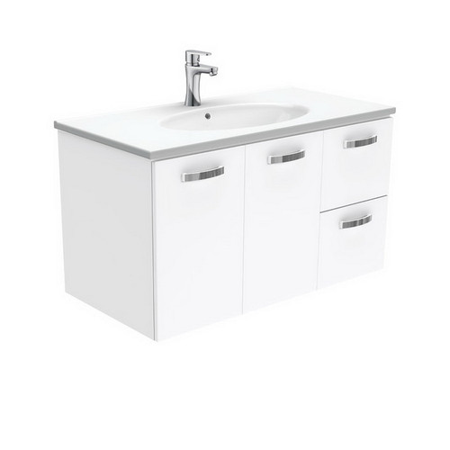 Rotondo 900 Ceramic Moulded Basin-Top + Unicab Gloss White Cabinet Wall-Hung 2 Door 2 Right Drawer 1 Tap Hole [197317]