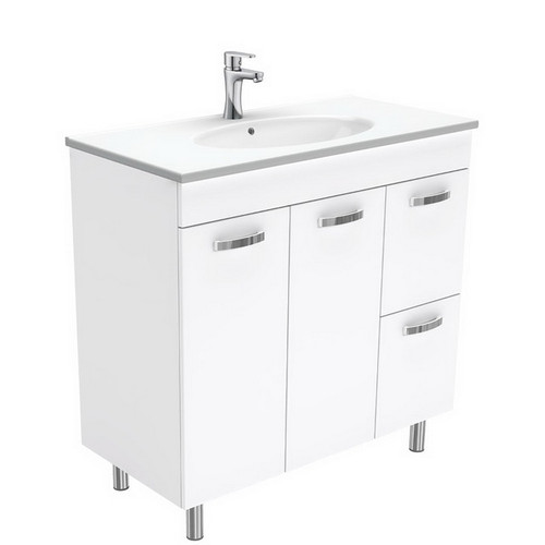 Rotondo 900 Ceramic Moulded Basin-Top + Unicab Gloss White Cabinet on Legs 2 Door 2 Right Drawer 1 Tap Hole [197325]