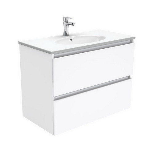 Rotondo 900 Ceramic Moulded Basin-Top + Quest Gloss White Cabinet Wall-Hung 2 Drawer 1 Tap Hole [197329]