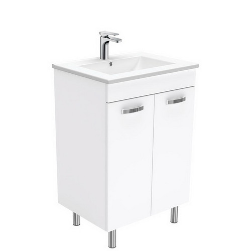 Dolce 600 Ceramic Moulded Basin-Top + Unicab Gloss White Cabinet on Legs No Tap Hole [197541]