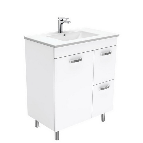 Dolce 750 Ceramic Moulded Basin-Top + Unicab Gloss White Cabinet on Legs 1 Door 2 Left Drawer No Tap Hole [197578]
