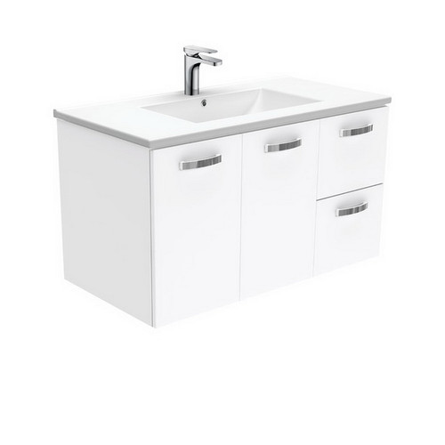 Dolce 900 Ceramic Moulded Basin-Top + Unicab Gloss White Cabinet Wall-Hung 2 Door 2 Right Drawer No Tap Hole [197657]