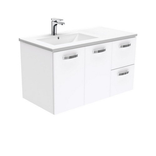 Dolce 900 Left Offset Ceramic Basin-Top + Unicab Gloss White Cabinet on Kick Board 2 Door 2 Drawer 3 Tap Hole [197666]
