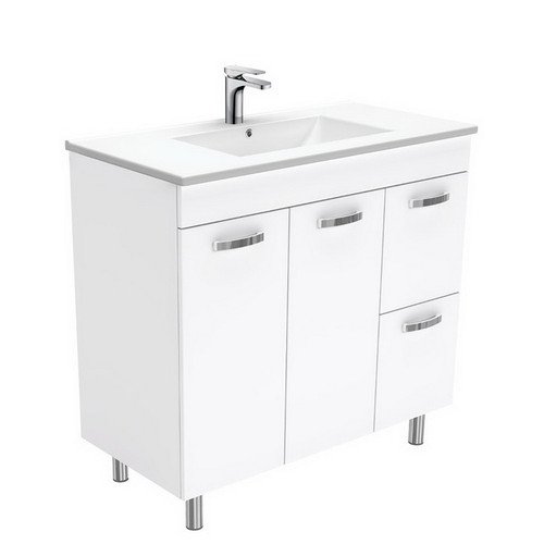 Dolce 900 Ceramic Moulded Basin-Top + Unicab Gloss White Cabinet on Legs 2 Door 2 Left Drawer No Tap Hole [197691]