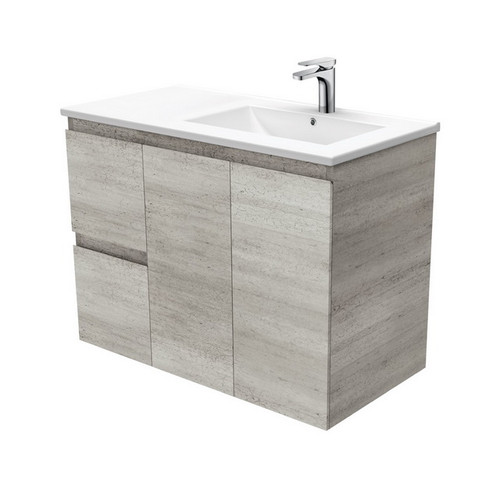 Dolce 900 Right Offset Ceramic Basin-Top + Edge Industrial Cabinet Wall-Hung 2 Door 2 Drawer 3 Tap Hole [197717]
