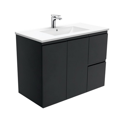 Dolce Ceramic Moulded Basin-Top + Fingerpull Satin Black Cabinet Wall Hung 900mm 2 Door 2 Right Hand Drawer 1TH [197763]