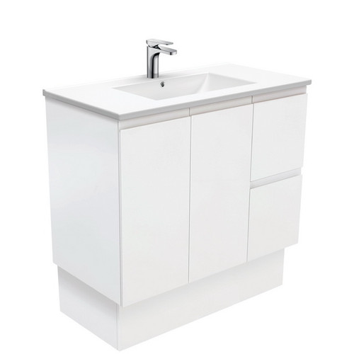Dolce Ceramic Moulded Basin-Top + Fingerpull Satin White Cabinet on Kick Board 900mm 2 Door 2 Right Hand Drawer 1TH [197769]