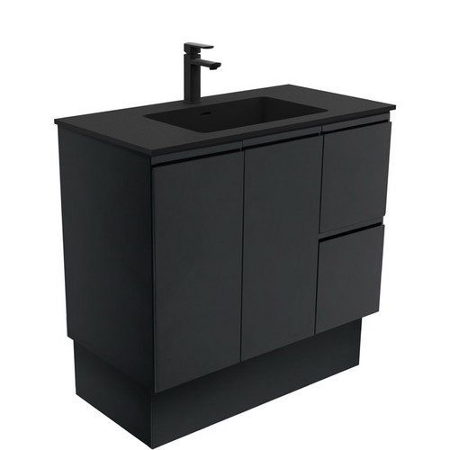 Montana 900 Solid Surface Moulded Basin-Top + Fingerpull Satin Black Cabinet on Kick Board 2DR 2DRW LH 3 Tap Hole [196515]