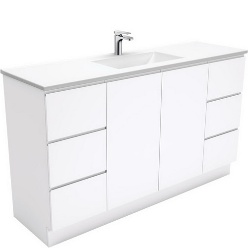 Vanessa 1500mm Poly-Marble Moulded Basin-Top, Single Bowl + Fingerpull Gloss White Cabinet on Kick Board 1TH [197820]