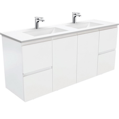 Vanessa 1500 Poly-Marble Moulded Basin-Top, Double Bowl + Fingerpull Satin White Cabinet Wall-Hung 3 Tap Hole [197855]