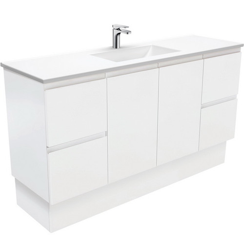 Vanessa 1500 Poly-Marble Moulded Basin-Top, Single Bowl + Fingerpull Satin White Cabinet on Kick Board 3 Tap Hole [197859]