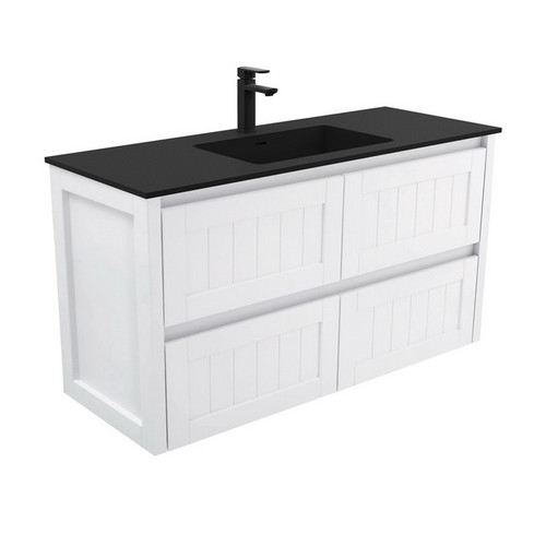 Montana 1200 Solid Surface Moulded Basin-Top + Hampton Satin White Cabinet Wall-Hung 4 Drawer 3 Tap Hole [196389]