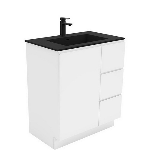 Montana 750 Solid Surface Moulded Basin-Top + Fingerpull Gloss White Cabinet on Kick Board 1DR 3DRW LH 3 Tap Hole [196407]