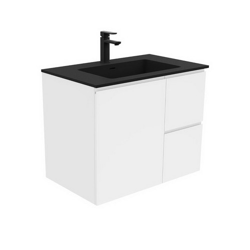 Montana 750 Solid Surface Moulded Basin-Top + Fingerpull Gloss White Cabinet Wall-Hung 1 Door 2 Right Drawer 3TH [196413]