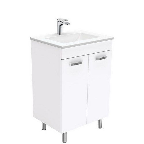 Vanessa 600 Poly-Marble Moulded Basin-Top + Unicab Gloss White Cabinet on Legs 3 Tap Hole [197874]
