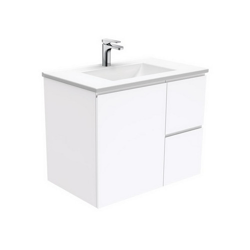 Vanessa 750mm Poly-Marble Moulded Basin-Top, Single Bowl + Fingerpull Gloss White Cabinet Wall Hung 1 Door 2 Drawer Right Hand 1TH [197893]