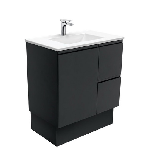 Vanessa 750 Poly-Marble Moulded Basin-Top, Single Bowl + Fingerpull Satin Black Cabinet on Kick 1DR 2DRW LH 1TH [197929]
