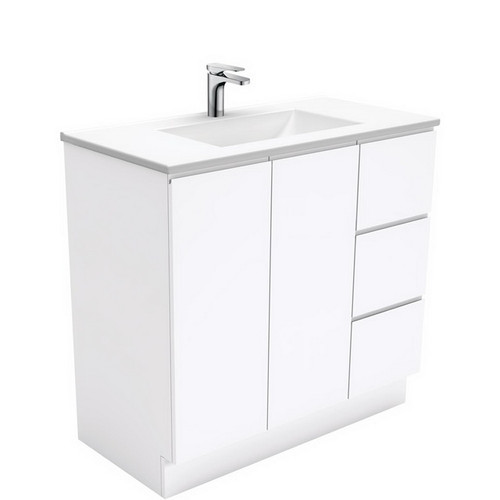 Vanessa 900mm Poly-Marble Moulded Basin-Top, Single Bowl + Fingerpull Gloss White Cabinet on Kick 2 Door 3 Drawer Right Hand 1TH [197951]