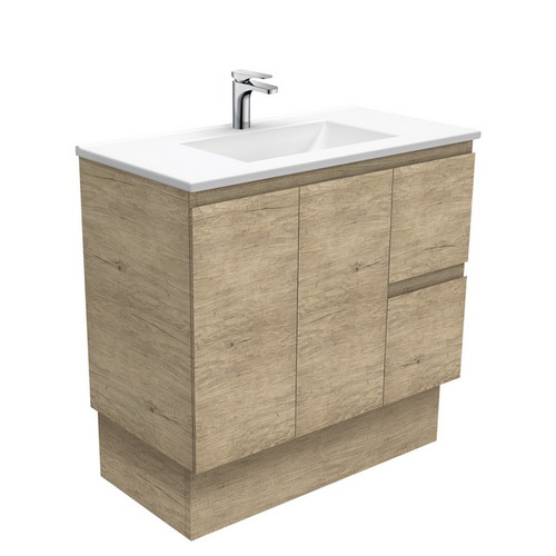 Vanessa 900mm Poly-Marble Moulded Vanitry Basin-Top, Single Bowl + Edge Scandi Oak Cabinet on Kick Board 2 Door 2 Drawer Righ Hand 1TH [197973]