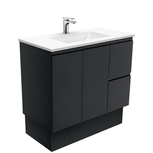 Vanessa 900 Poly-Marble Moulded Basin-Top, Single Bowl + Fingerpull Satin Black Cabinet on Kick Board 2 Door 2 Right Drawer 3 Tap Hole [197994]