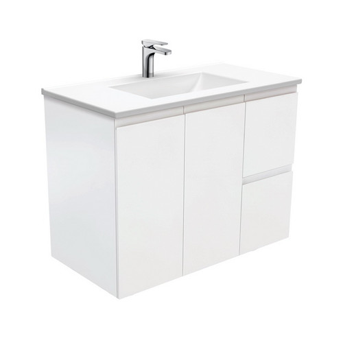 Vanessa 900 Poly-Marble Moulded Basin-Top, Single Bowl + Fingerpull Satin White Cabinet Wall-Hung 2DR 2DRW LH 3TH [198004]