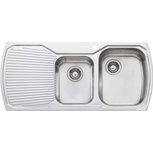Monet Sink 1&3/4 Right Hand Bowls with Drainer MO712 1100mm x 500mm 1 Tap Hole Topmount Stainless Steel [067332]