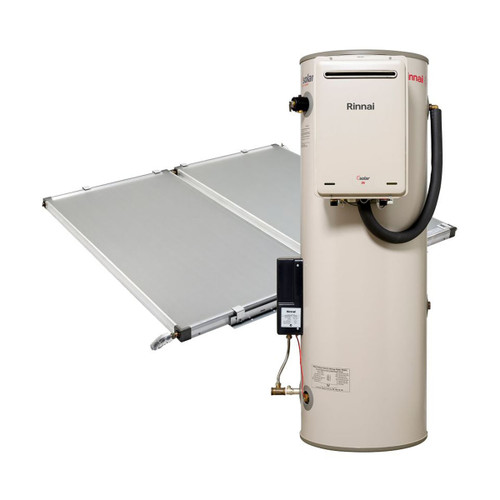 Rinnai Sunmaster 215L Ground Mounted Storage Tank S26 Gas Booster Natural Gas and 2 Roof Mounted Collectors [137773]