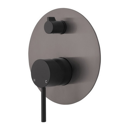 Kaya Upright Wall Diverter Mixer Large Round Plate Matte Black with PVD Gun Metal Plate [201630]